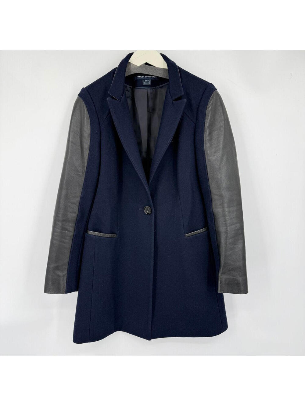 Women's French Connection Wool & Leather Navy & Black Mid-length Coat Size 4